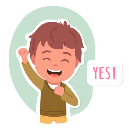 Happy boy person gesturing raising fist up. Yes text and smiling child posing showing victory success gesture. Positive kid cartoon character portrait, clenched hand sign flat vector illustrationのイラスト素材