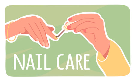 Hand applying polish for nail care sticker. Woman person hand holding brush painting fingernails. Manicure beauty, nail salon cosmetics, professional cosmetology concept flat vector illustrationのイラスト素材