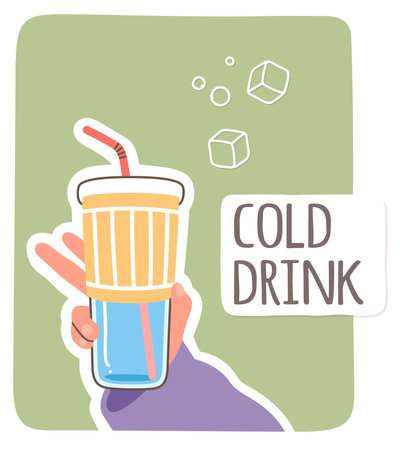 Cold Drink poster with water glass in hand. Person holding plastic cup with fresh water drink, sleeve and straw. Healthy lifestyle, hydration in summer concept background flat vector illustrationのイラスト素材