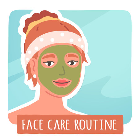 Woman face skin care routine sticker. Girl wearing head band and applying cosmetic facial mask. Person skincare, skin health, hygiene, spa treatment procedure, beauty flat vector illustrationのイラスト素材
