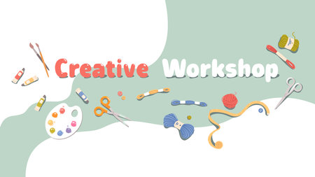 Creative workshop poster with crafts equipment. Paints palette, brushes, scissors, yarn for knitting, painting, sewing, embroidery handicrafts. Hobby creativity concept flat vector illustrationのイラスト素材