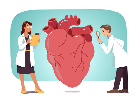 Doctors checking heart health. Cardiologist man and woman persons examine cardiovascular system in medical hospital. Cardiology research, health care, cardiac disease concept flat vector illustrationのイラスト素材