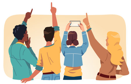 Back view of people group pointing fingers up. Surprised men, women looking upward, showing, shooting, taking photo, video of something. Sightseeing, inspiration, advertisement vector illustrationのイラスト素材