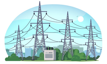 Electricity power transmission line towers. Industrial electrical energy supply pylons row with transformer, high electric voltage cables, sky, cityscape in background. Flat vector illustrationのイラスト素材