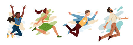Happy excited person jumping having fun set. Joyful emotional young men and women characters flying, raising arms, running happily collection. Joy, success, happiness concept flat vector illustrationのイラスト素材