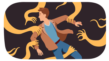 Person anxiety and fear problem. Scary hands reaching for stressed afraid man having panic attack. Depression, psychology, mental health disorder, phobia, stress concept flat vector illustrationのイラスト素材