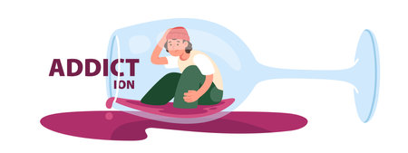 Alcohol addict person sitting inside wine glass. Depressed drunk alcoholic man having alcohol drink addiction problem. Bad health habit, booze, alcoholism illness concept flat vector illustrationのイラスト素材