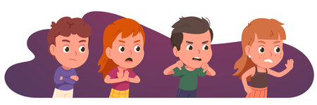 People showing negative gestures of rejection. Displeased girls, boys kids persons disagree gesturing with thumbs down, stop sign, crossing hands. Denial emotion expression flat vector illustrationのイラスト素材