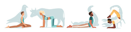 Person practicing animal yoga pose set. Men, women in pigeon, cow, cobra, scorpion asana positions collection. Yoga exercise, sport training, body health care, fitness concept flat vector illustrationのイラスト素材