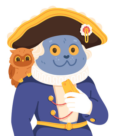 Funny cat character in Napoleon costume and hat. Cute emperor cat animal with owl bird on shoulder and holding cheese. Weird historical cartoon character portrait concept flat vector illustrationのイラスト素材