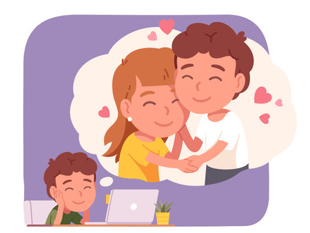 Boy dreaming about love and date with girl. Man person dating online sitting at desk with laptop. Couple romance, distance relationship, virtual communication concept flat vector illustrationのイラスト素材