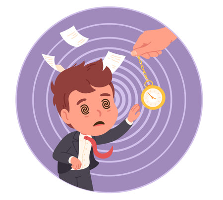 Workaholic person hypnotized by time crunch. Sad overworked employee man hypnotized by swinging clock pendulum. Busy worker stress, overtime office work problem concept flat vector illustrationのイラスト素材