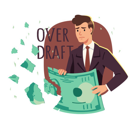 Business man having money loss problem. Sad businessman person hold dollar bill falling to pieces. Losing finance, investment failure, financial crisis, bankruptcy concept flat vector illustrationのイラスト素材