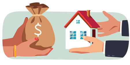 Buying house property for money concept. Owner man hands holding giving small house, buyer woman paying dollar cash bag. Real estate investment business, finance payment flat vector illustrationのイラスト素材