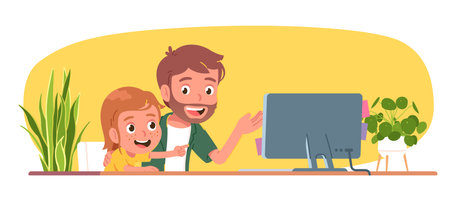 Father teaching daughter child using computer. Parent man person explain to girl kid computer technology or surf Internet together. Education, learning, family, parenting flat vector illustrationのイラスト素材
