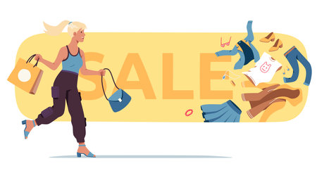 Woman person with shopping bags running to sale. Happy consumer girl going to buy clothes in retail store. Price discount offer, fashion shop advertisement concept banner flat vector illustrationのイラスト素材