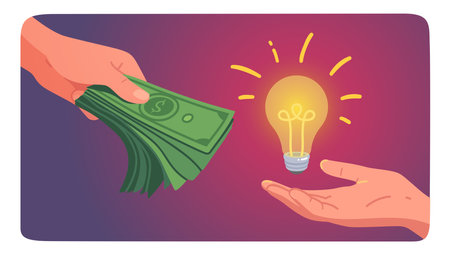 Business person making money investment in idea. Businessman hand paying cash for innovation light bulb. Deal success, exchange, finance payment, buying creativity concept flat vector illustrationのイラスト素材