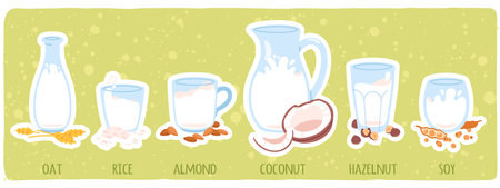Vegan plant drink nutrition sticker set. Natural vegetarian oat, rice, almond, coconut, hazelnut, soy milk beverages. Healthy food, alternative product, organic vitamin diet flat vector illustrationのイラスト素材