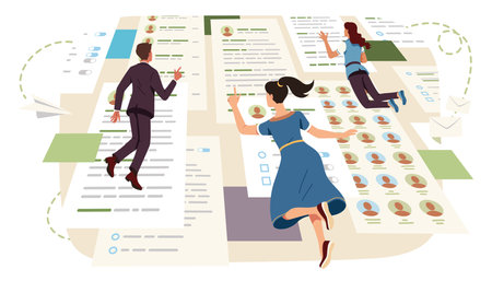 Business people working with online documents. Man, women persons in virtual office in cyberspace. Internet technology, digital information, electronic data management concept flat vector illustrationのイラスト素材