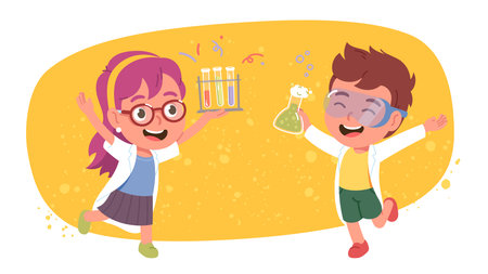 Children conducting chemistry science experiment. Happy scientists boy, girl kid persons holding test tubes, flask with chemical reaction. School laboratory education concept flat vector illustrationのイラスト素材