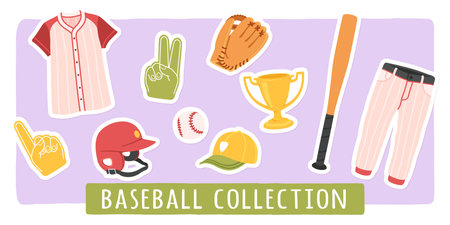 Baseball sport game equipment sticker set. Team game jersey, pants uniform, bat, ball, trophy cup, batter helmet, cap, glove. Professional league championship collection flat vector illustrationのイラスト素材