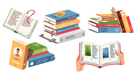 Stacks and open books literature for education set. Hardcover textbooks piles with covers, bookmarks, paper pages with text in hands. School library, knowledge, study, reading flat vector illustrationのイラスト素材
