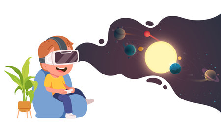Boy kid in virtual reality or VR headset device. Happy child person wearing using VR goggles...