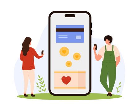 Charity mobile app, humanitarian aid campaign from community vector illustration. Cartoon tiny people donate online with phone, volunteers give money gift to digital donation box from credit cardのイラスト素材