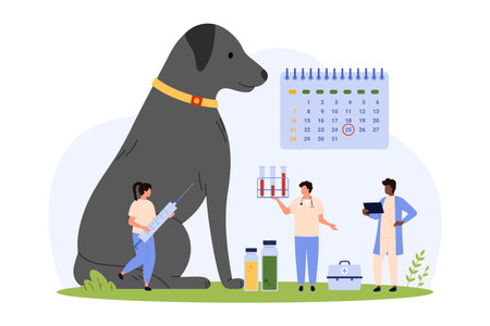 Dog on vet checkup for vaccine injection per vaccination calendar. Tiny people with syringe vaccinate giant sitting puppy with collar, treatment at veterinary hospital cartoon vector illustrationのイラスト素材