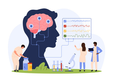 Scientific brain disease research vector illustration. Cartoon tiny people test human brain in patients head through sensors connected to lab EEG machine, neurologists examine electroencephalographyのイラスト素材