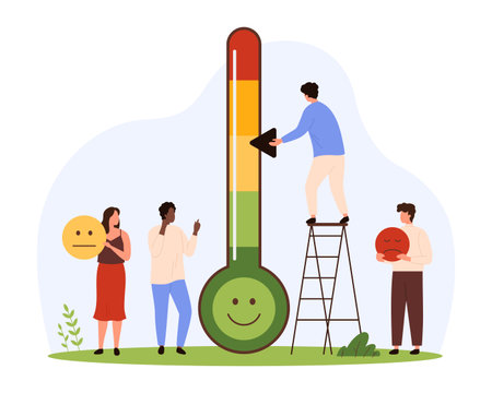 Stress level measurement. Tiny people measure negative emotions and stress on thermometer with scales, control anxiety and depression on infographic chart from red to green cartoon vector illustrationのイラスト素材