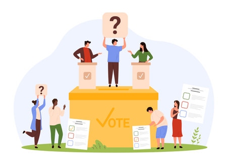 Election campaign, selection of candidate in democracy referendum. Tiny people holding question mark and ballots with list to choose, characters vote for leader in election cartoon vector illustrationのイラスト素材