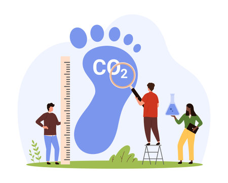 Carbon footprint effect analysis, global CO2 pollution and environmental impact. Tiny people with magnifying glass and ruler work, measure energy production footprint cartoon vector illustrationのイラスト素材