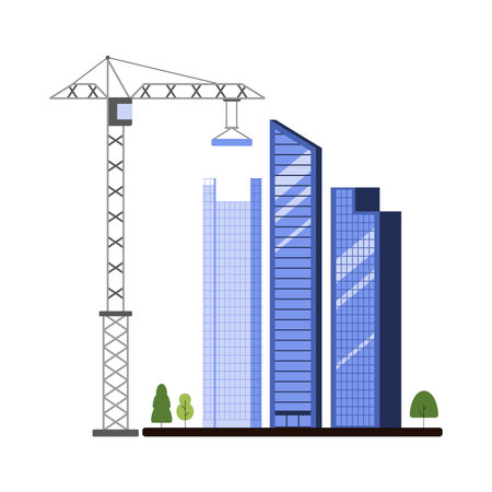 Office skyscraper construction process. Construction crane with concrete block on hook building new blue highrise house, machinery work on structure of unfinished facade cartoon vector illustrationのイラスト素材