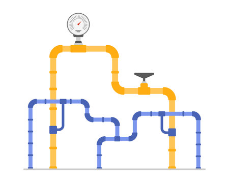 Oil and gas industry pipeline system with pressure control and measurement device, leak inspection. Yellow and blue steel pipes with valve, petrochemical plant equipment cartoon vector illustrationのイラスト素材