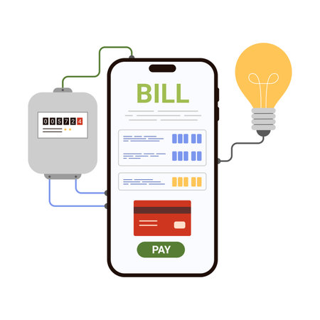 Pay electricity bill online in mobile app of phone to save money and reduce consumption. Front view of smartphone screen with electric meter, bright light bulb connection cartoon vector illustrationのイラスト素材
