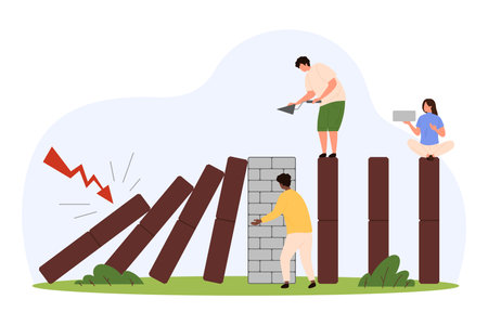 Proactive risk management. Tiny people building brick wall to avoid falling domino, control vulnerability and manage impact of danger, plan prevention, action for stability cartoon vector illustrationのイラスト素材