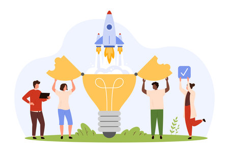 Startup innovation implementation by entrepreneurs. Tiny people support rocket launch from open light bulb, investors boost new project with money energy of capital cartoon vector illustrationのイラスト素材
