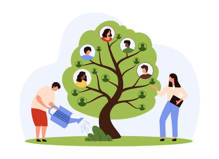 Corporate company organization, team building and development. Tiny people grow tree with different employee and coworkers portraits, develop professional community cartoon vector illustrationのイラスト素材