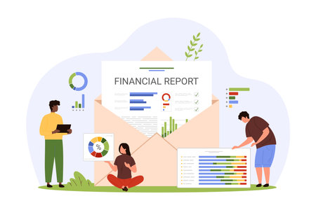 Financial reports analysis, accounting and audit consulting. Tiny people research digital graphs and statement from open envelope, advisors control and plan company budget cartoon vector illustrationのイラスト素材