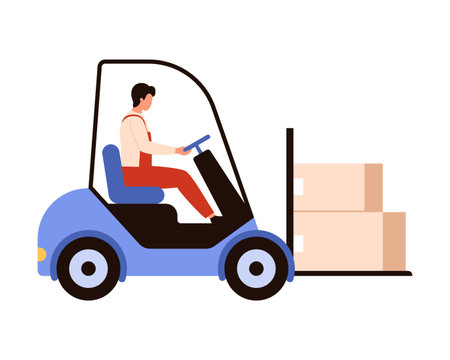 Warehouse worker carrying cardboard boxes on forklift vector illustrationのイラスト素材
