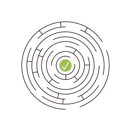Round maze with tick inside, labyrinth and conundrum strategy game vector illustrationのイラスト素材