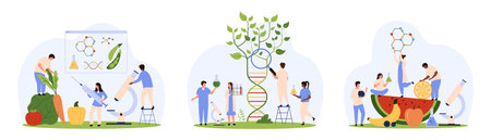 Genetic and food safety research, inspection of vegetable and fruit set. Tiny people with magnifying...
