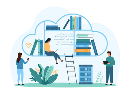 Cloud library with digital books for training and distance education. Tiny people connect to online platform and download data files, students learn at distant lesson cartoon vector illustrationのイラスト素材