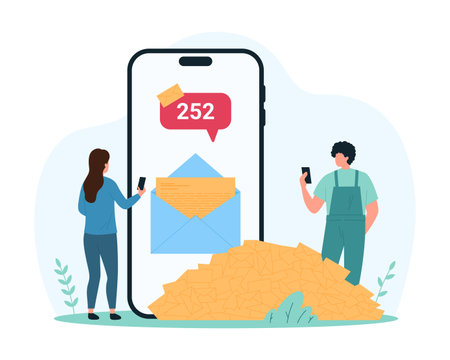 Email spam and SMS overload of mailbox mobile app. Tiny people and heap of scam letters and newsletter, paper envelope with delivery notifications on phone screen cartoon vector illustrationのイラスト素材