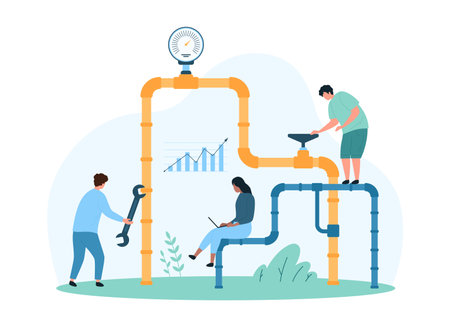 Natural gas pipeline system inspection. Tiny people control gas flow with infographic charts, workers check safety of pipe and valve for leaks with repair equipment cartoon vector illustrationのイラスト素材