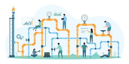 Gas industry pipeline inspection, energy and fuel factory system. Tiny people control safety of pipe and valve, workers of maintenance and repair service check settings cartoon vector illustrationのイラスト素材
