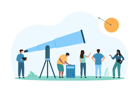 Vision for future business growth, search success opportunity for goal progress. Tiny people look through big telescope at target with arrow for financial forecast cartoon vector illustrationのイラスト素材