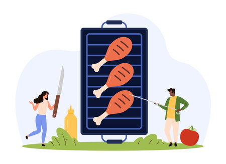 Barbecue chicken legs cooking, BBQ party. Tiny people with chefs tools cook, roast drumsticks meat with bone on metal grill for dinner, smoked and grilled meals preparation cartoon vector illustrationのイラスト素材