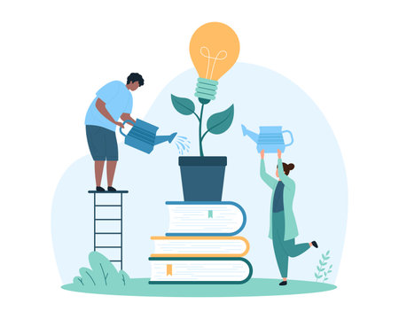 Education and knowledge for creative idea development. Tiny people watering light bulb plant growing from stack of books, develop creativity and innovation thinking cartoon vector illustrationのイラスト素材